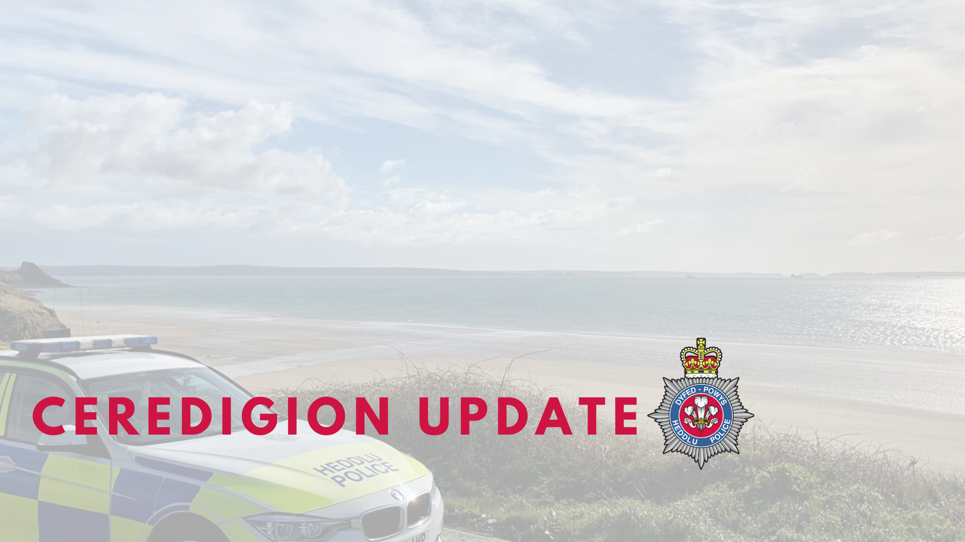 Generic image of a police car overlooking a beach, with "update" written in red text