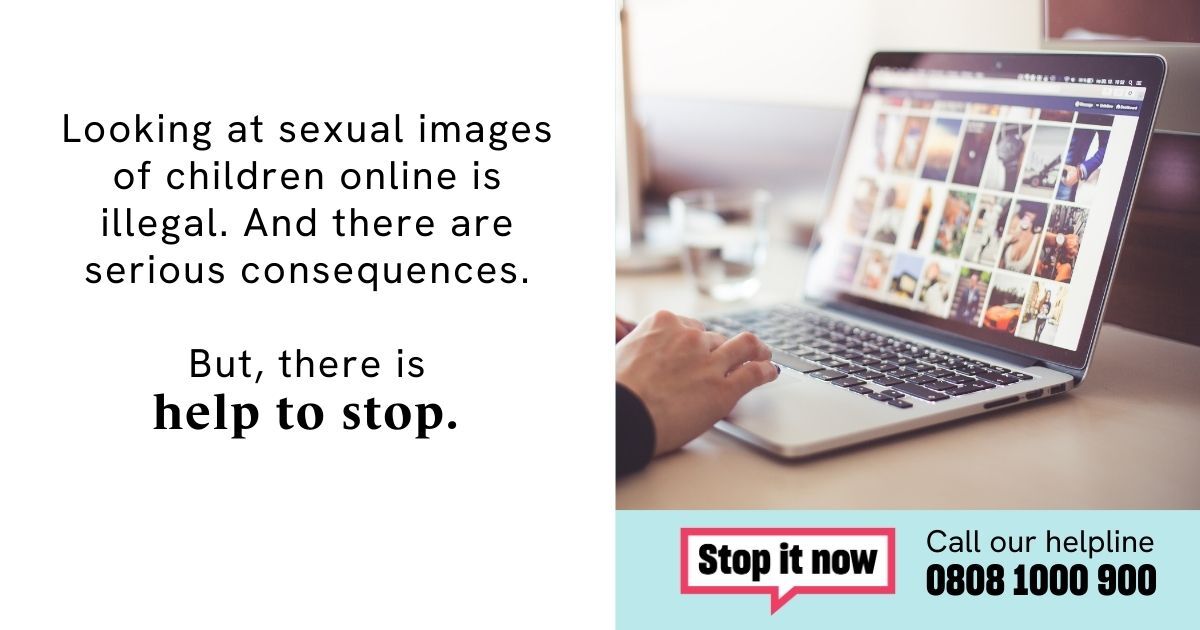 A generic image of a laptop showing a collage of images on the screen, with a hand hovering over the mouse. Text underneath gives contact details for the Lucy Faithfull Foundation