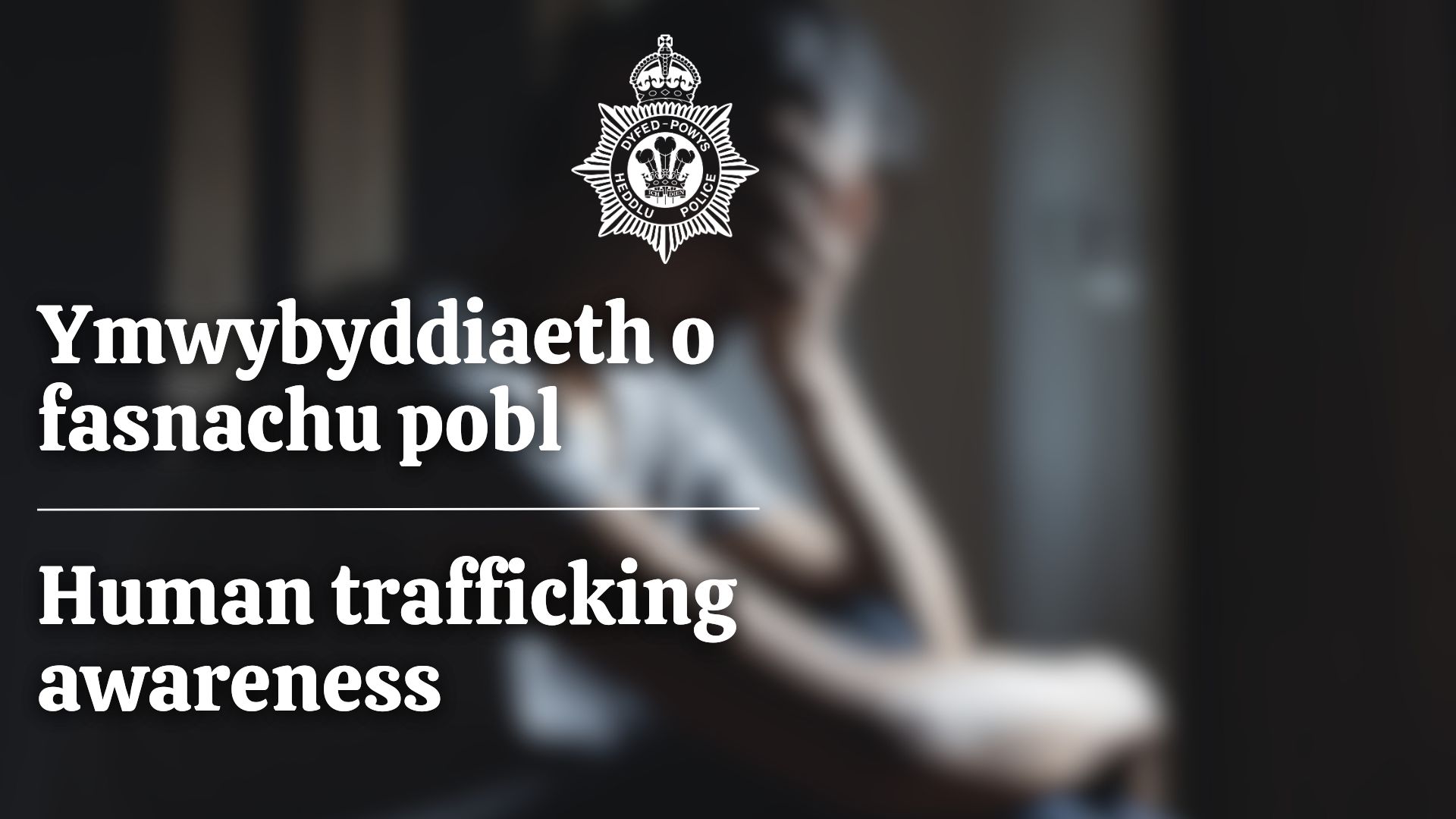 A blurred photo of a person sitting with their head in their hands, with the words 'human trafficking awareness' overlayed in white text
