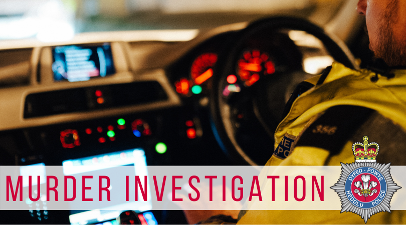 Photo showing the inside of a police car, with the words murder investigation overlaid in red text