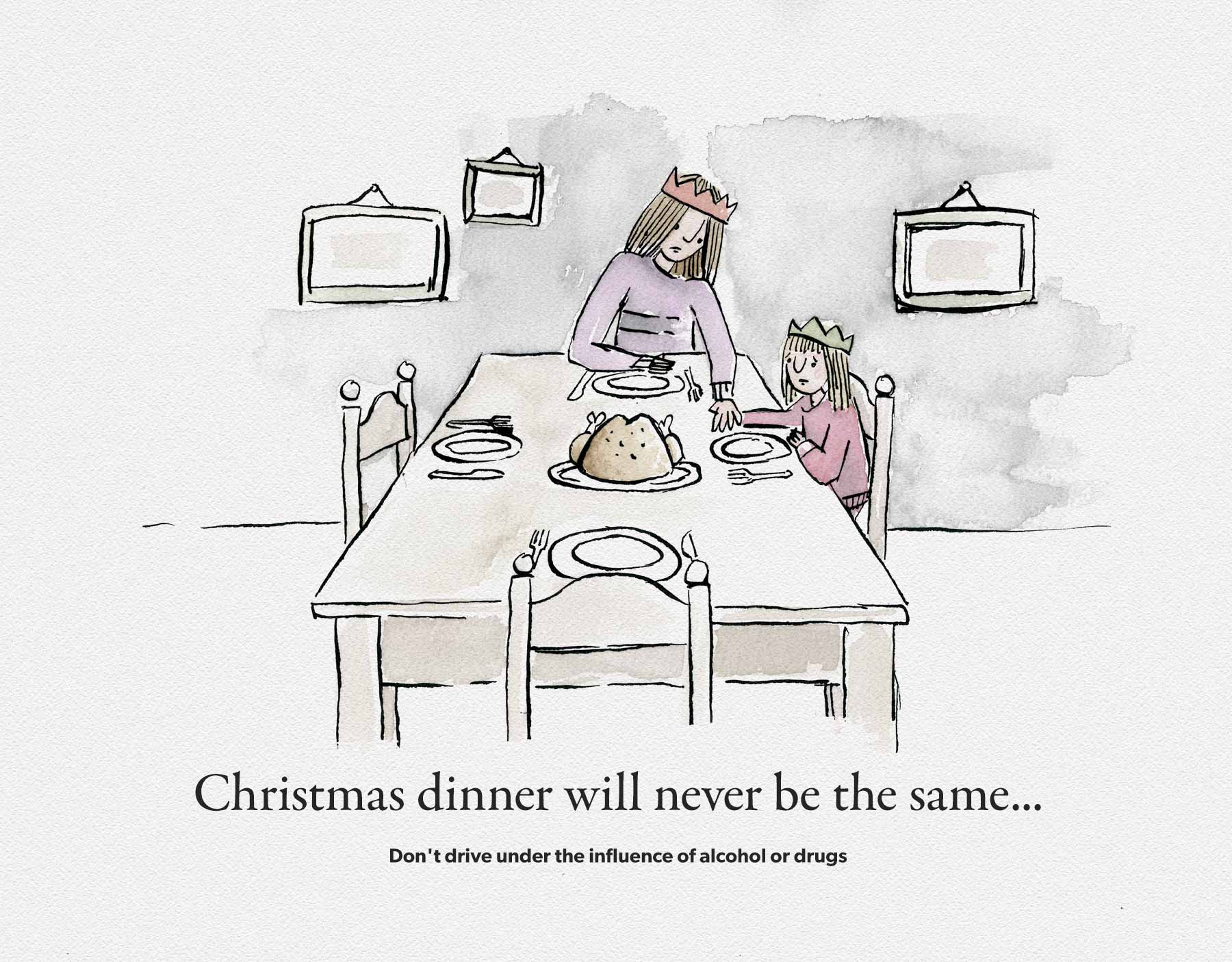A cartoon with the words "Christmas will never be the same . . . don't drive under the influence of alcohol or drugs'