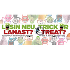 Trick or treat banner: Little monsters with the words "Trick or treat? Be a nice monster"
