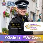 Heddlu Dyfed-Powys Police Annual Awards with strapline #Gofalu (welsh) and #We Care (eng) . Pictures a smiling police officer .