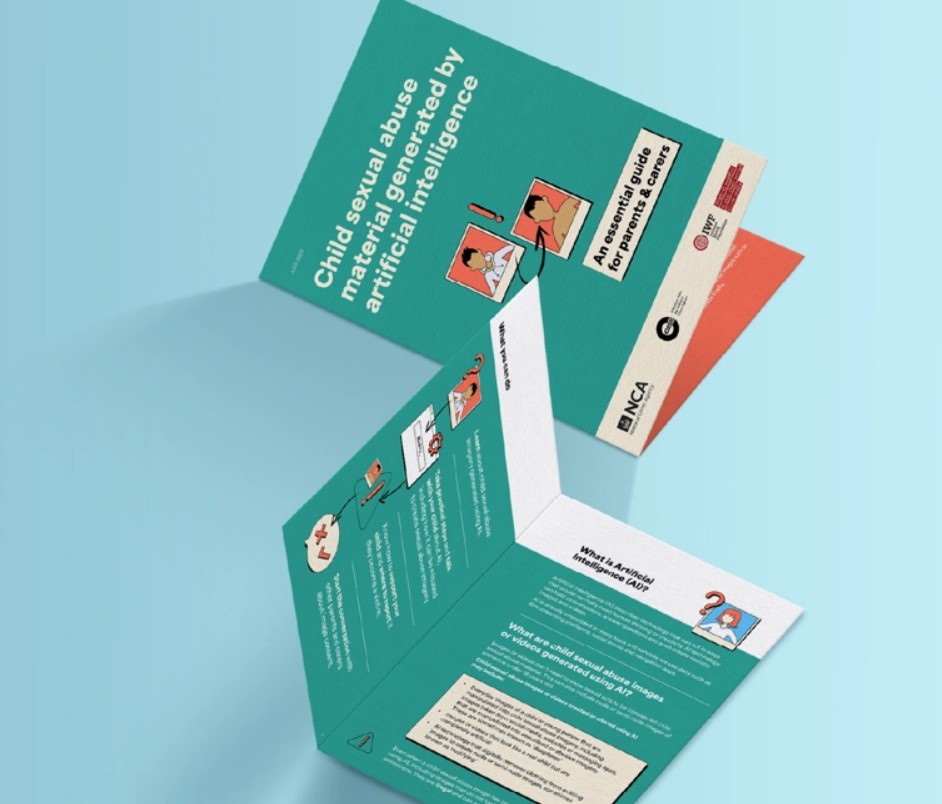 Image of two booklets wth the words 'Child sexual abuse material generated by AI - essential guide for parents and carers'' on them