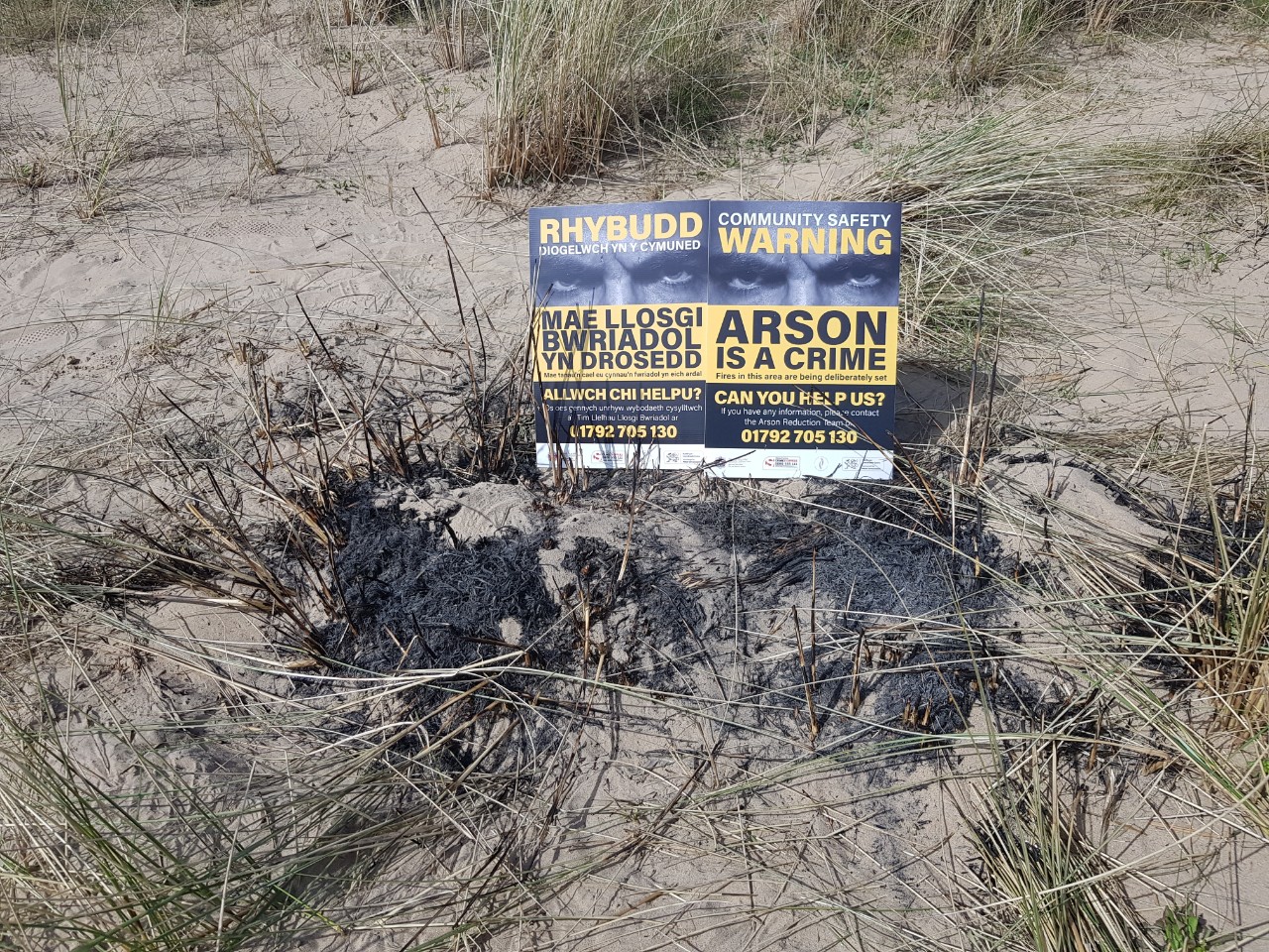 Damage caused by a fire in sand dunes in Burry Port