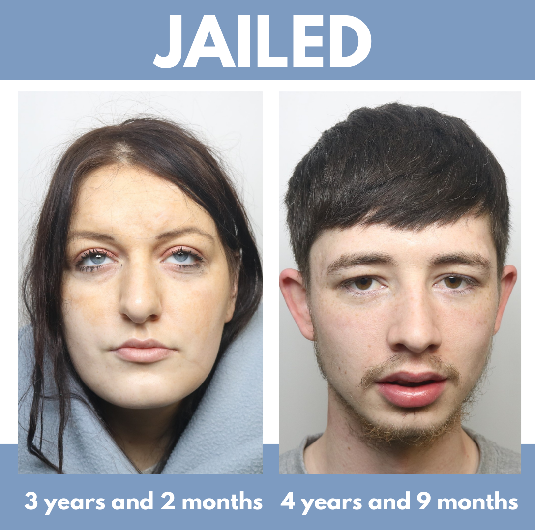 Images of Hayley Talman and Rory Barnes next to the word 'jailed'.