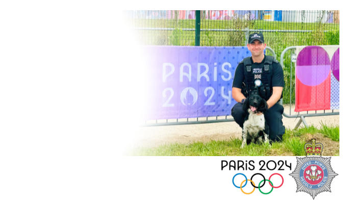 Dyfed-Powys Police crest above the Paris 2024 logo, with a photo of a police officer and police dog