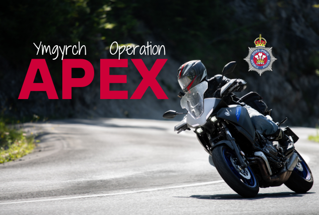Road with motorcycle and rider on right, and words Ymgyrch Operation Apex 