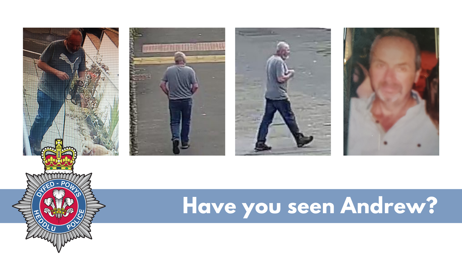 Four photographs of missing man Andrew Davies, with the Dyfed-Powys Police crest overlaid, and the words 'Have you seen Andrew?'