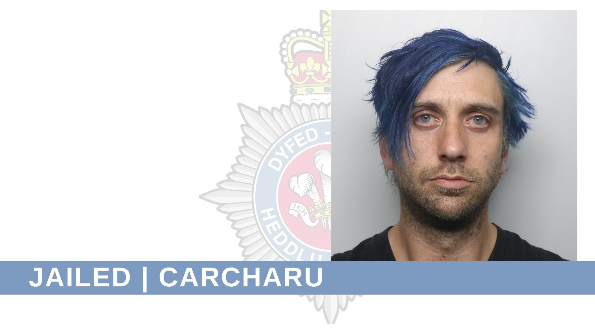 Defendant's photo on right, in front of force crest background, and words 'Jailed | Carcharu' beneath