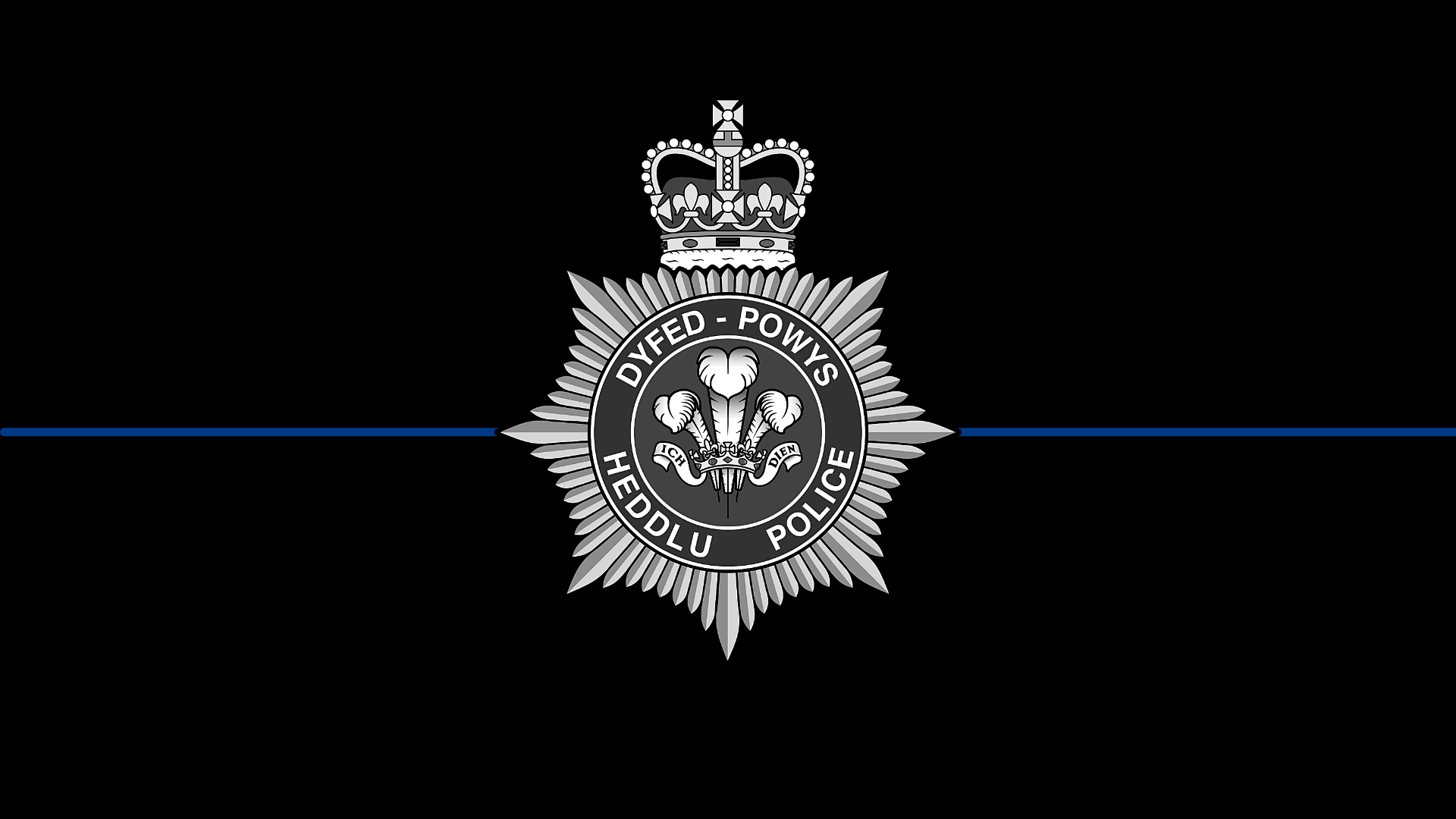 Dyfed-Powy Police crest in greyscale, on black background, with thin blue line behind