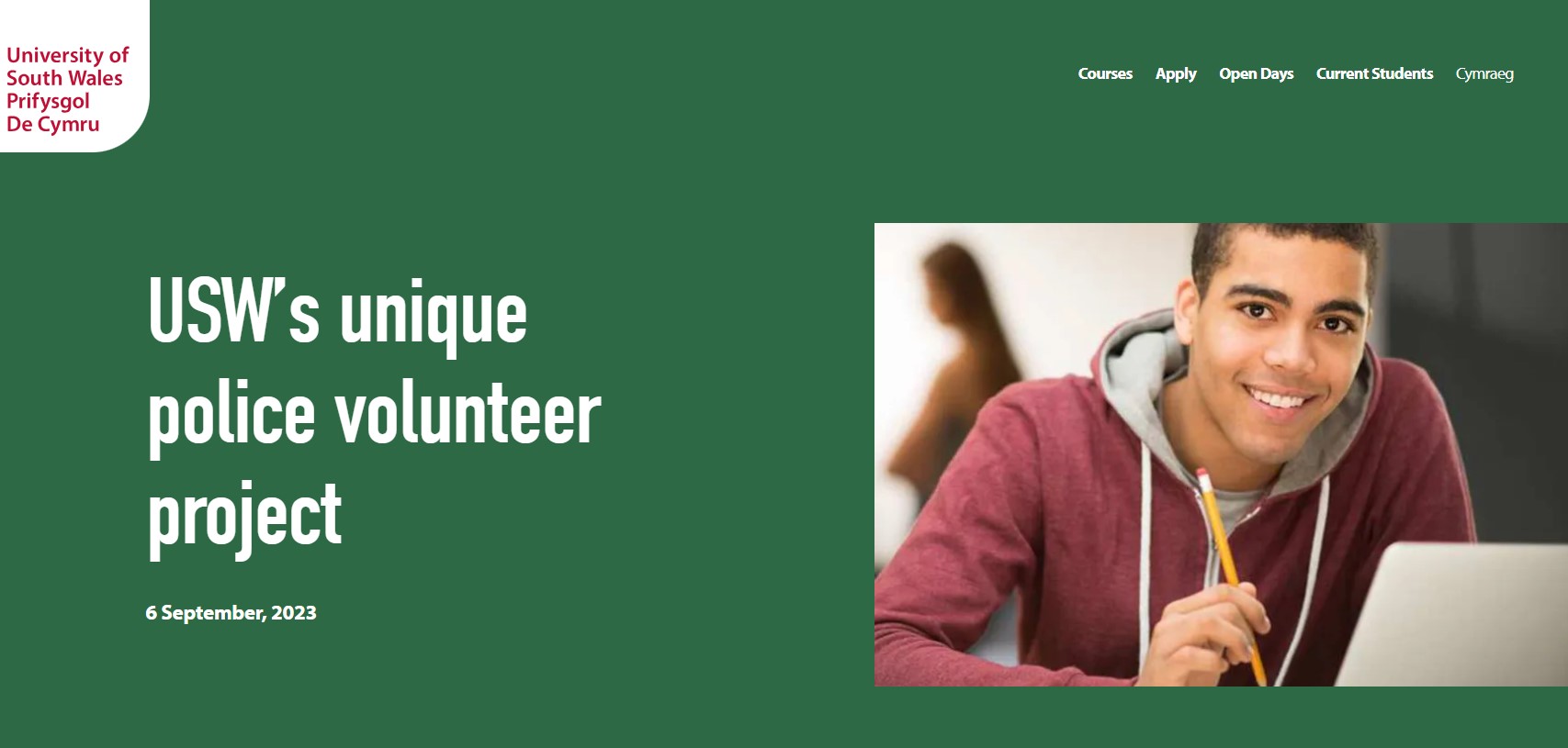 Green background, top left USW logo, and words USW's unique police volunteer project central in white