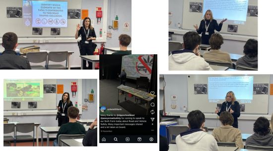 Selection of images showing officers at front of class delivering lesson to students, and an Instagram account screenshot