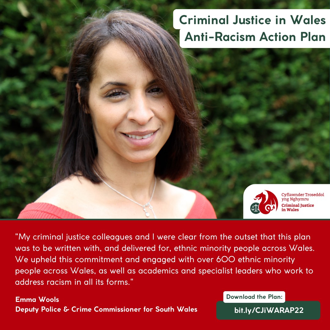 Llun o Emma Wools, Dirprwy Gomisiynydd yr Heddlu a Throseddu De Cymru, a dyfyniad ganddi ar hanner gwaelod y llun mewn testun