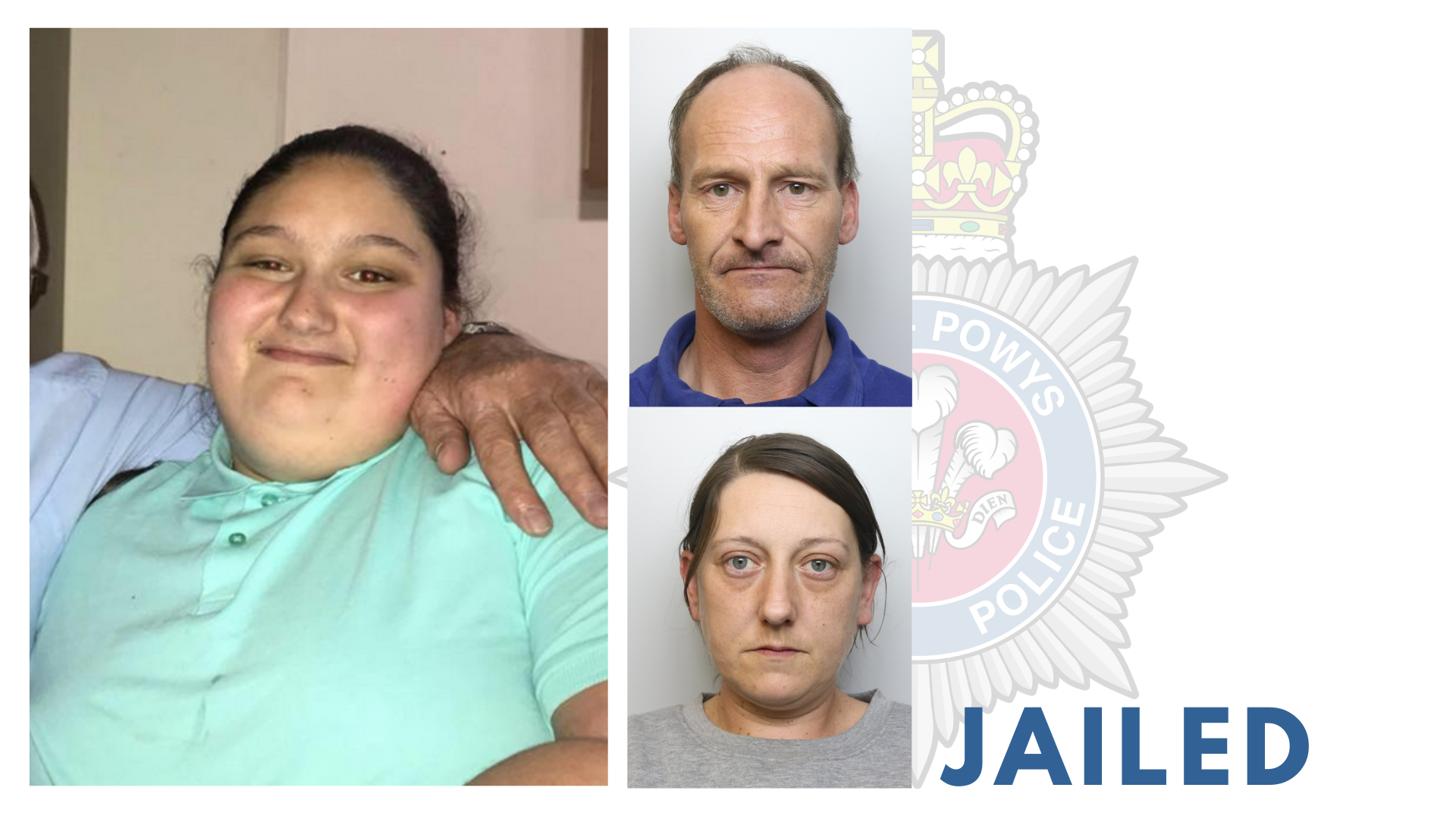 A collage showing Kaylea Titford smiling and wearing a mint green collared t-shirt, with custody photos of her parents Alun Titford and Sarah Lloyd-Jones