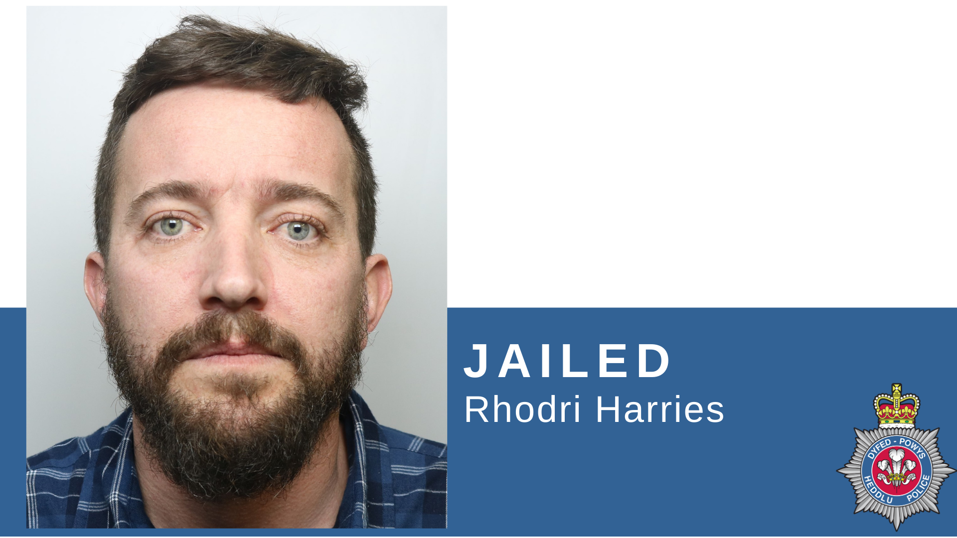Custody photo of Rhodri Harries, with JAILED written in white text on a blue background
